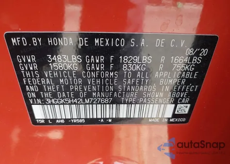 2020 Honda Fit Lx из США, поврежденный, VIN 3HGGK5H42LM727687